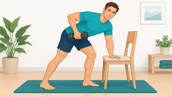 Ejercicio de remo unilateral con mancuerna y silla en FlexForma